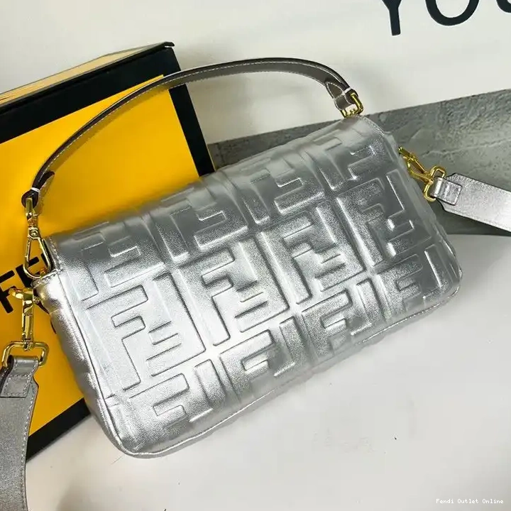 Cheap Leather Nappa Fendi Silver Medium Baguette FF In Motif Bag 0420